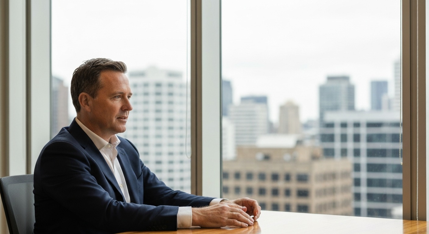 Financial planner in modern CBD office overlooking city skyline
