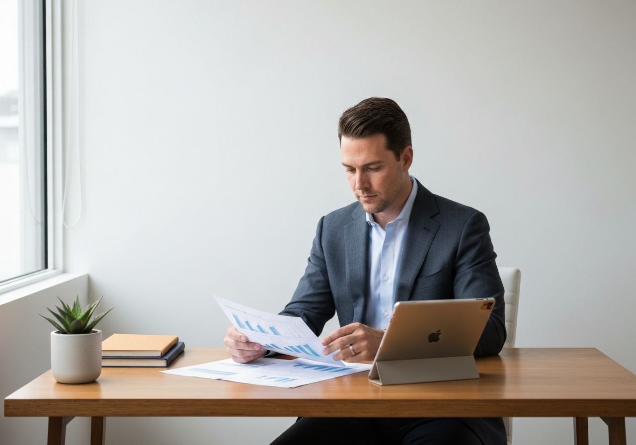 Financial planner focused at desk in editorial setting